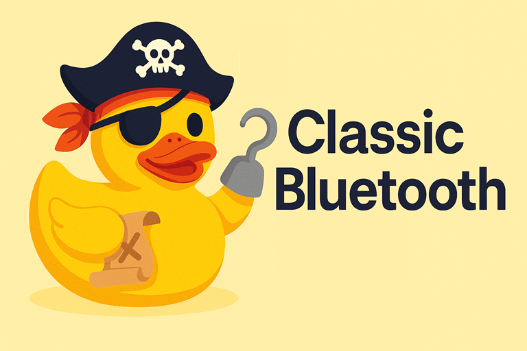 Illustration shows pirate rubber duck holding Bluetooth symbol on pale yellow background with bold Classic Bluetooth text in playful cartoon