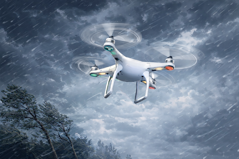 Illustration of a drone stabilising in strong wind while an IMU diagram shows X, Y, Z axes measuring motion and orientation