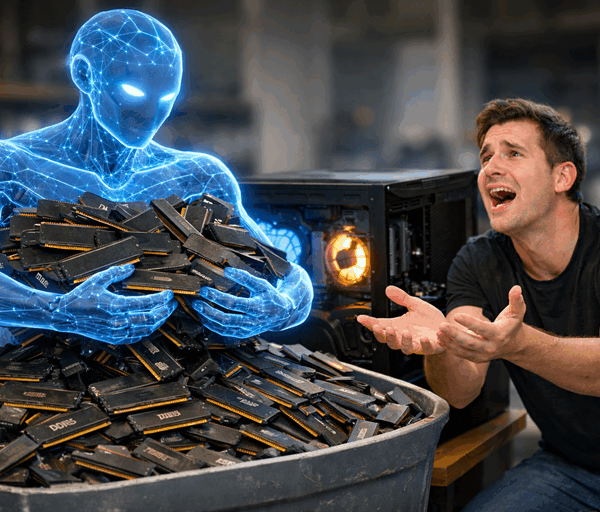 Glowing intelligent AI hoards DDR5 memory while frustrated PC builder reaches out beside open computer case in workshop setting scene