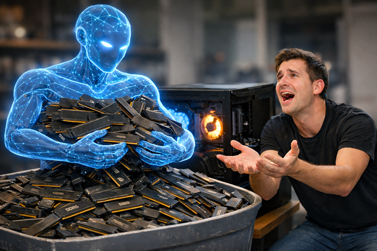 Glowing intelligent AI hoards DDR5 memory while frustrated PC builder reaches out beside open computer case in workshop setting scene