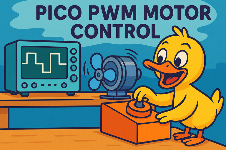 A cheerful cartoon duck turns a control dial beside a spinning motor while an oscilloscope displays a squarewave showing PWM motor control.