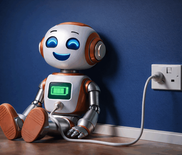Photo realistic robot happily recharging beside a UK plug socket, glowing battery display, relaxed pose, blue wall background, warm wooden floor.
