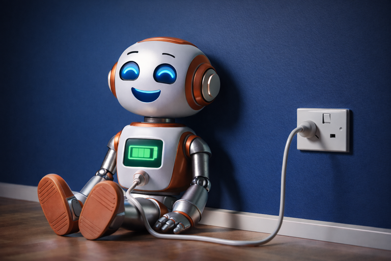 Photo realistic robot happily recharging beside a UK plug socket, glowing battery display, relaxed pose, blue wall background, warm wooden floor.