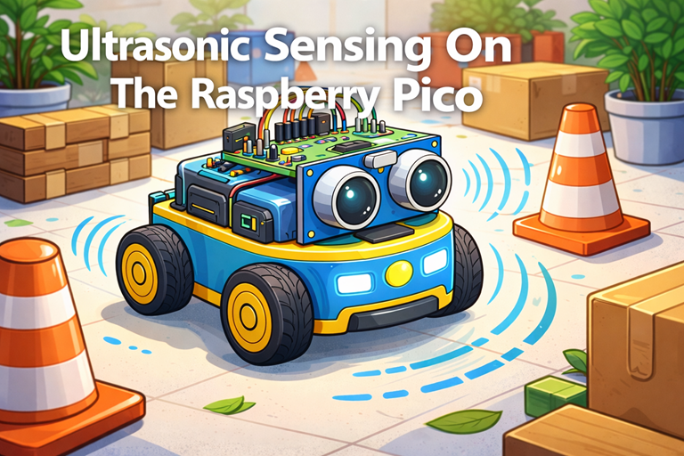 Small educational robot uses ultrasonic sensor to navigate obstacles like cones and boxes while moving through a bright indoor course