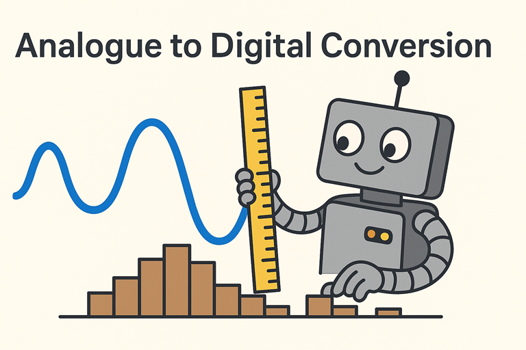 A smiling robot measures a curvy analogue wave with a ruler, turning it into stepped digital blocks beneath the signal.