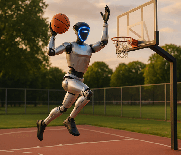 A silver humanoid robot with a transparent blue head jumps on an outdoor basketball court at sunset while holding a ball ready to shoot.