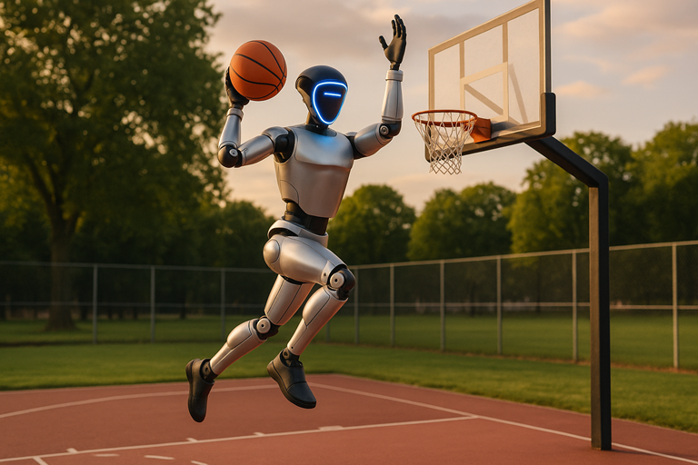 A silver humanoid robot with a transparent blue head jumps on an outdoor basketball court at sunset while holding a ball ready to shoot.