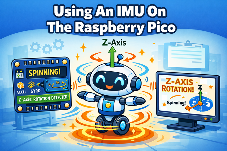 Cartoon robot spins happily while IMU detects z-axis rotation with arrows screens and motion lines in colorful laboratory scene background