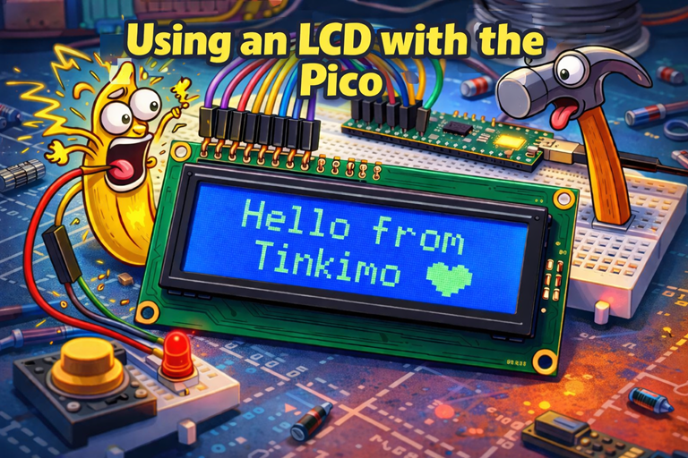 Cartoon LCD on breadboard shows Hello from Tinkimo heart while silly banana sparks and googly eyed hammer watch Pico project