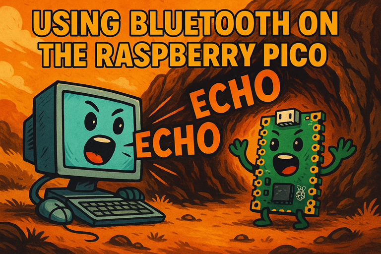 Cartoon computer and Raspberry Pi Pico shout echo into a glowing cave with bold title Using Bluetooth On The Raspberry Pico.