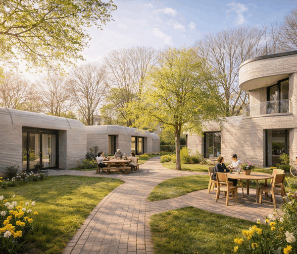 Sunny courtyard of 3D printed houses with curved concrete walls, spring flowers, trees, outdoor seating, and people enjoying calm community space