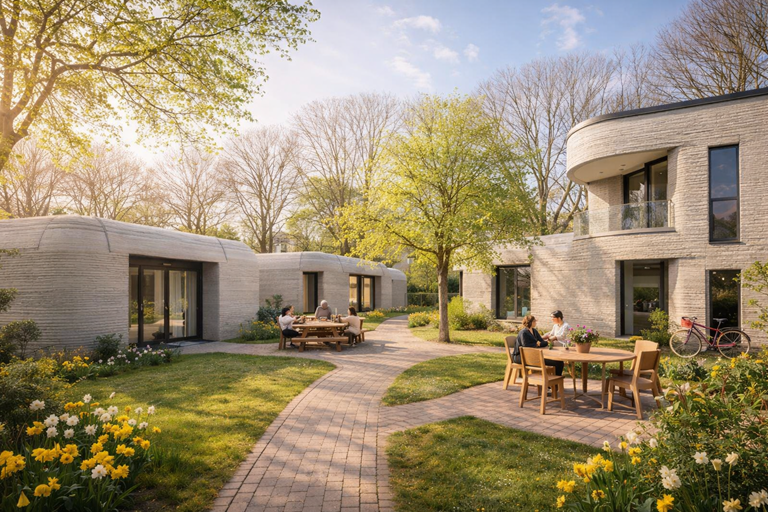 Sunny courtyard of 3D printed houses with curved concrete walls, spring flowers, trees, outdoor seating, and people enjoying calm community space