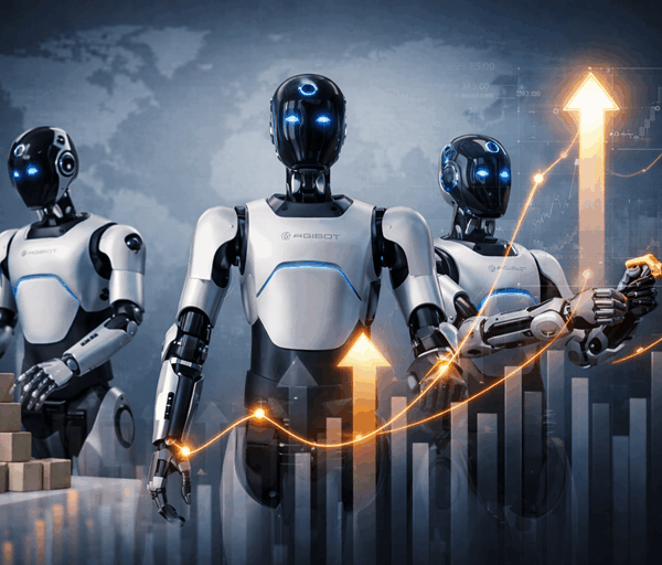 Three AgiBot humanoid robots stand before rising data charts, symbolising global market dominance, leadership, and growth in humanoid robot sales.