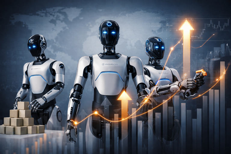 Three AgiBot humanoid robots stand before rising data charts, symbolising global market dominance, leadership, and growth in humanoid robot sales.