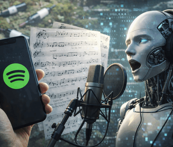 Robot sings into studio microphone beside smartphone showing Spotify logo with floating sheet music and digital code backdrop cinematic atmosphere