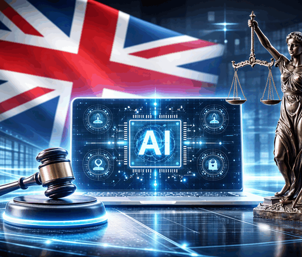Futuristic British courtroom scene blending Union Jack, digital AI interface and Lady Justice symbolising responsible artificial intelligence in the UK legal system