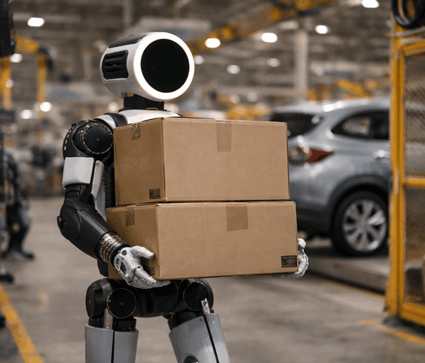 Humanoid robot carries stacked heavy cardboard boxes through a car factory floor, highlighting automation handling physically demanding industrial work safely.