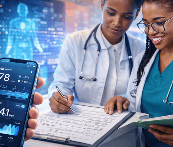 Two AI assisted doctors review digital health records as a smartphone app displays sleep heart rate and activity data insights