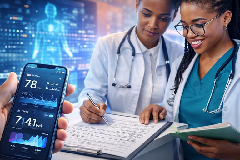 Two AI assisted doctors review digital health records as a smartphone app displays sleep heart rate and activity data insights