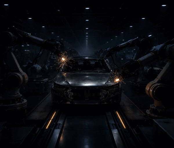 Robotic arms weld an unfinished steel car body in a dimly lit factory, sparks glowing as machines assemble vehicles autonomously
