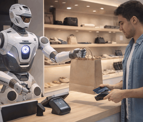 Futuristic humanoid robot assists customer at modern shop counter holding paper bag while shopper pays with card terminal calmly indoors