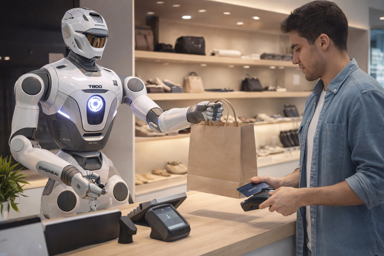 Futuristic humanoid robot assists customer at modern shop counter holding paper bag while shopper pays with card terminal calmly indoors