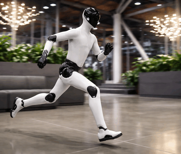 Humanoid robot runs smoothly across a modern indoor space, demonstrating agile movement, human like stride, and advanced balance control in action