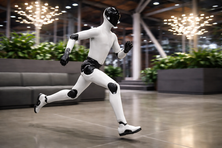 Humanoid robot runs smoothly across a modern indoor space, demonstrating agile movement, human like stride, and advanced balance control in action