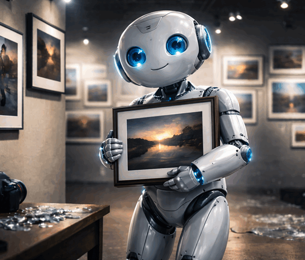 Friendly robot holding framed photograph inside gallery, smiling innocently while broken glass and camera hint at unseen theft nearby quietly