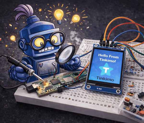 Raspberry Pi Pico on breadboard drives LCD showing Hello message surrounded by colourful wires LEDs creating playful beginner electronics scene
