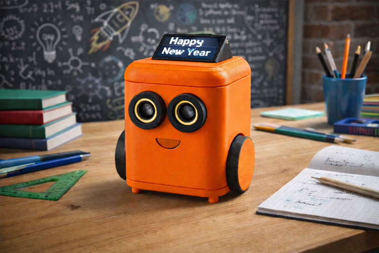 Photo realistic orange educational robot on desk with pixelated pale Happy New Year text on tilted LCD screen classroom background
