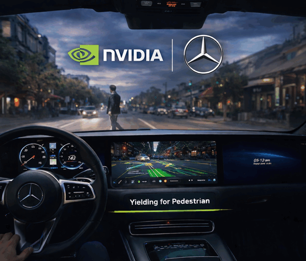 Interior view of Mercedes autonomous car yielding to pedestrian at dusk with Nvidia AI interface and minimal partnership logos visible