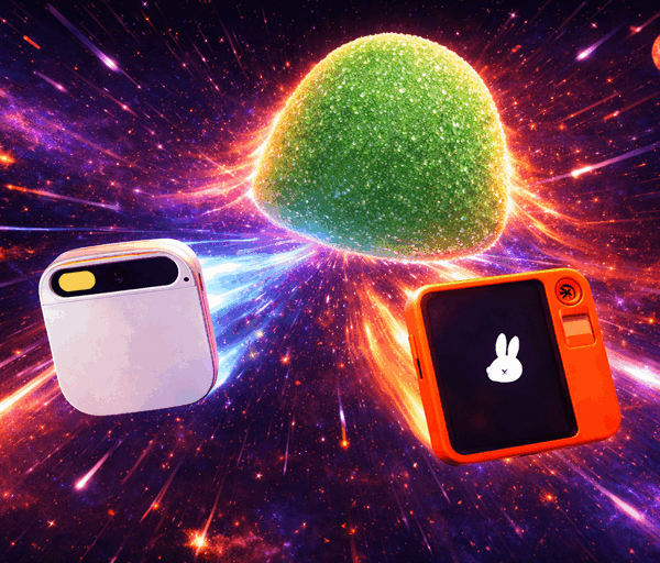 Two AI gadgets race through colourful space as a glowing green gumdrop chases them with vibrant light trails behind dramatically