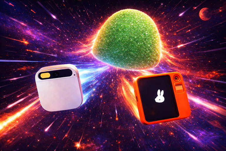 Two AI gadgets race through colourful space as a glowing green gumdrop chases them with vibrant light trails behind dramatically