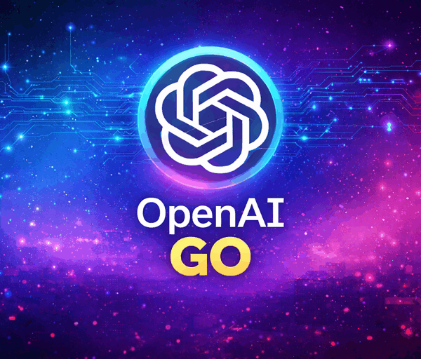 Glowing OpenAI logo centred above OpenAI Go text on vibrant futuristic background with colourful gradients and circuit patterns suggesting accessible global AI technology.