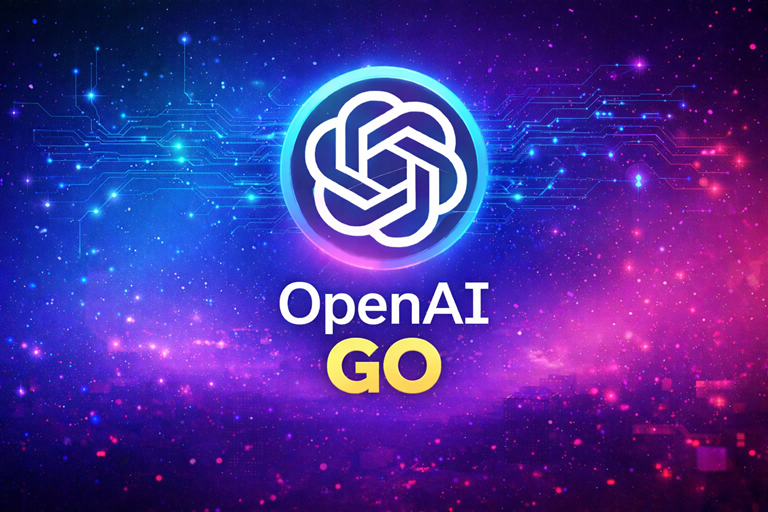 Glowing OpenAI logo centred above OpenAI Go text on vibrant futuristic background with colourful gradients and circuit patterns suggesting accessible global AI technology.