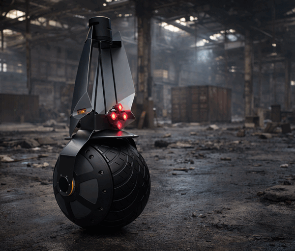 Autonomous monowheel security robot patrols a disused warehouse, navigating debris and shadows with glowing sensors and sleek industrial design.
