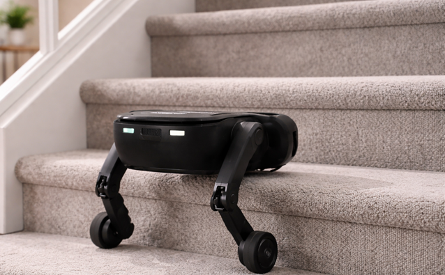 Black legged robot vacuum climbs carpeted household stairs demonstrating stair climbing cleaning ability in a modern softly lit home interior