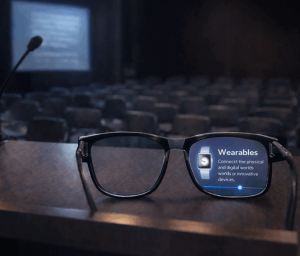Smart glasses rest on a podium in empty auditorium showing Wearables interface on right lens before a presentation begins quietly