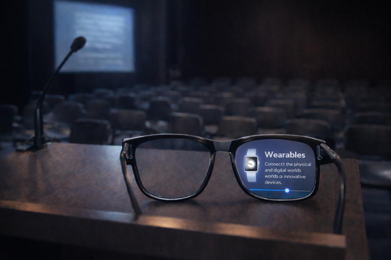 Smart glasses rest on a podium in empty auditorium showing Wearables interface on right lens before a presentation begins quietly