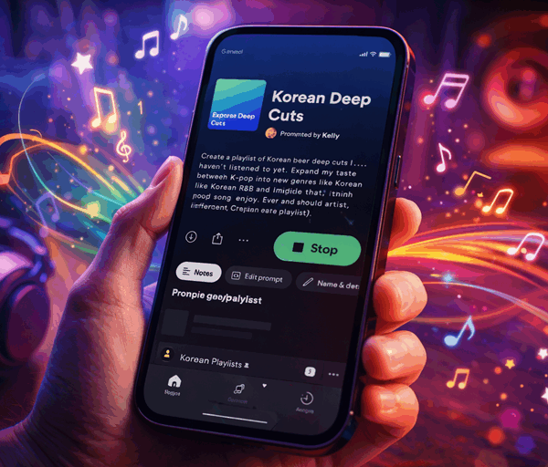 Hand holding smartphone showing Spotify Prompted Playlist interface with Korean Deep Cuts playlist, surrounded by colourful musical notes on background