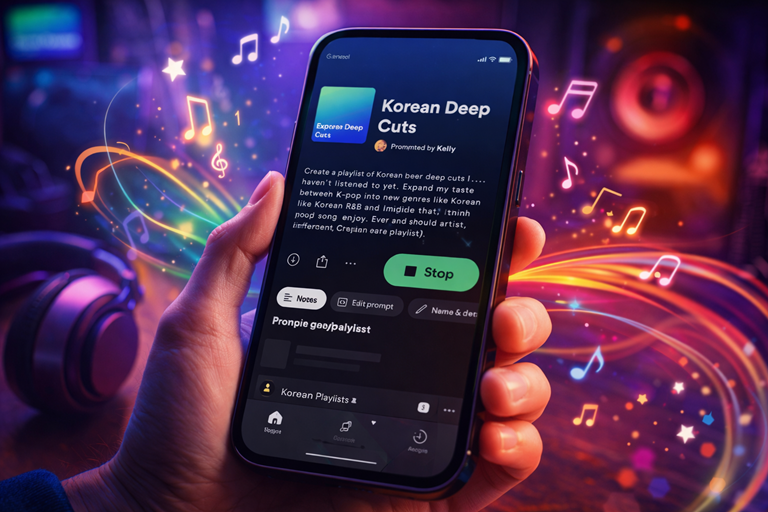 Hand holding smartphone showing Spotify Prompted Playlist interface with Korean Deep Cuts playlist, surrounded by colourful musical notes on background