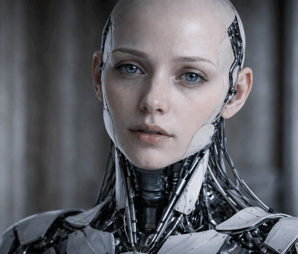 Photo realistic humanoid robot with almost human face staring forward, subtle mechanical seams and vacant eyes creating unsettling unease feelings