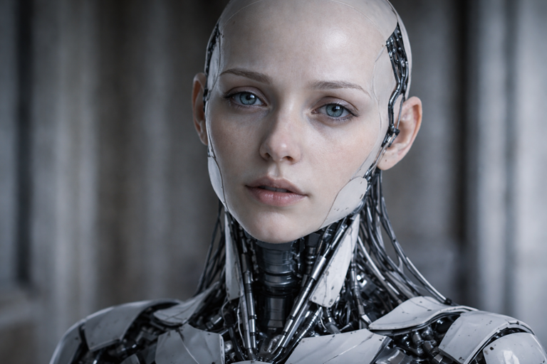 Photo realistic humanoid robot with almost human face staring forward, subtle mechanical seams and vacant eyes creating unsettling unease feelings
