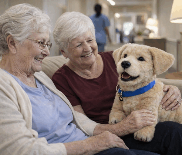 Two elderly women sit on a sofa in a care home, smiling as a robotic puppy rests on their laps.