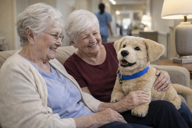 Two elderly women sit on a sofa in a care home, smiling as a robotic puppy rests on their laps.