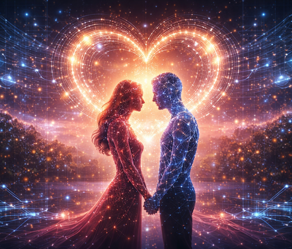Glowing digital silhouettes of a couple holding hands beneath a radiant circuit shaped heart symbolising AI powered matchmaking and connection