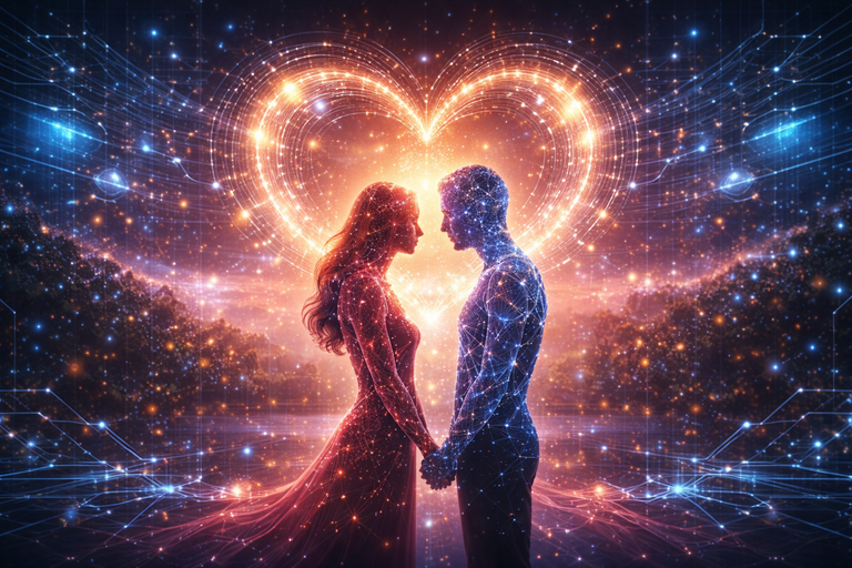 Glowing digital silhouettes of a couple holding hands beneath a radiant circuit shaped heart symbolising AI powered matchmaking and connection