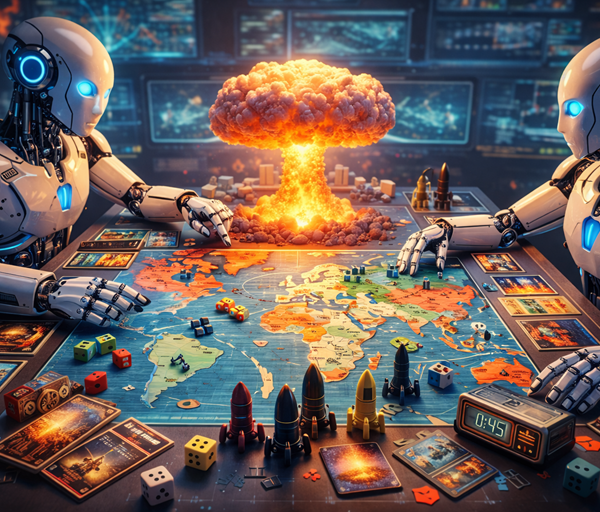 Two humanoid robots play a global strategy board game featuring missiles, dice, cards and a glowing miniature mushroom cloud centerpiece