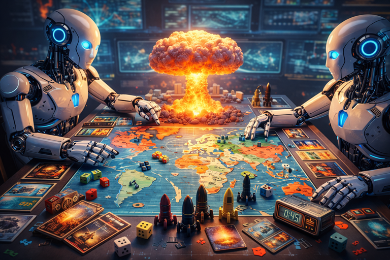 Two humanoid robots play a global strategy board game featuring missiles, dice, cards and a glowing miniature mushroom cloud centerpiece